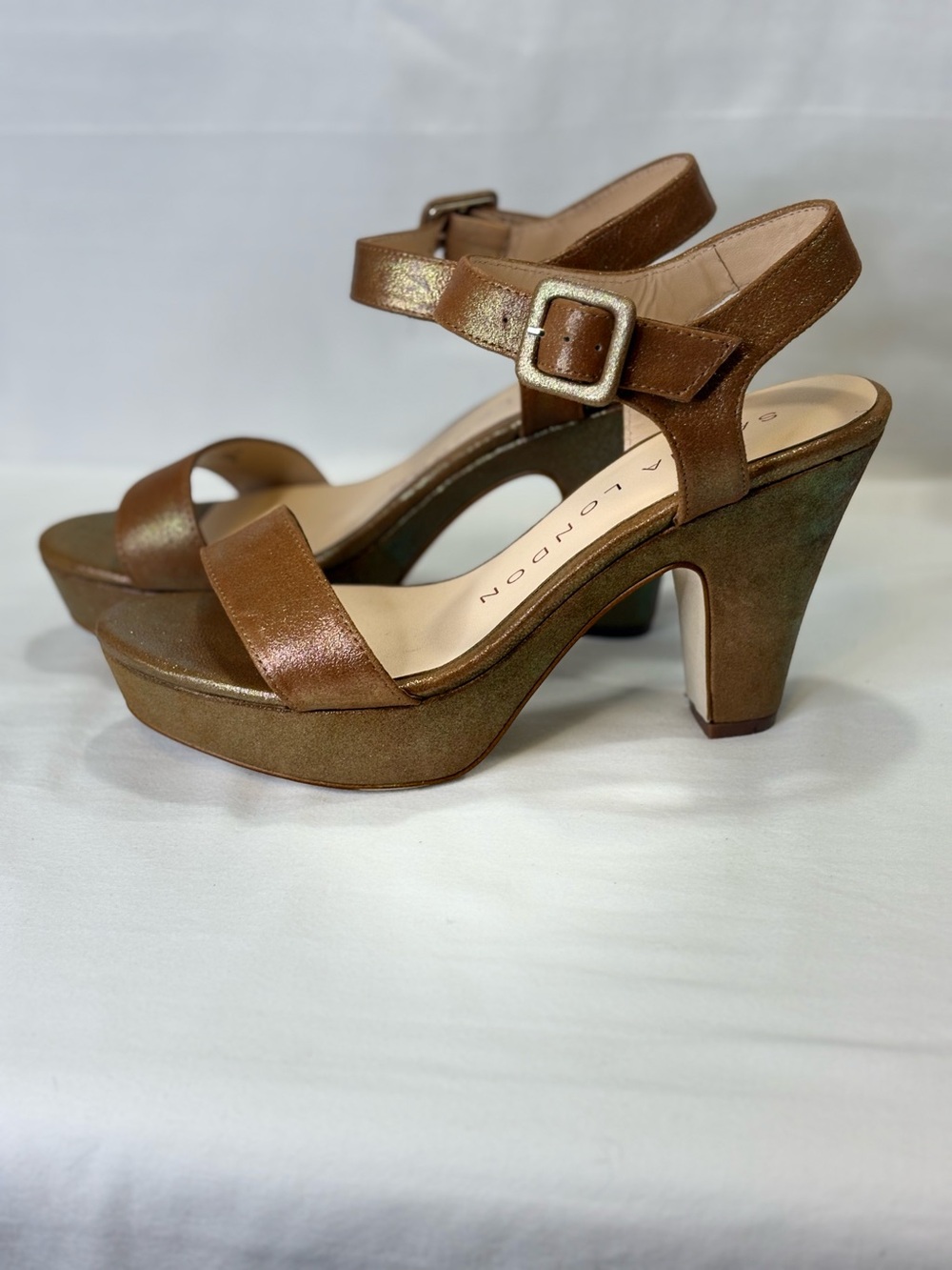 SACHA LONDON EWISE Brown Platform Sandal Fine Snakeskin Shimmer 7.5 EUC $156